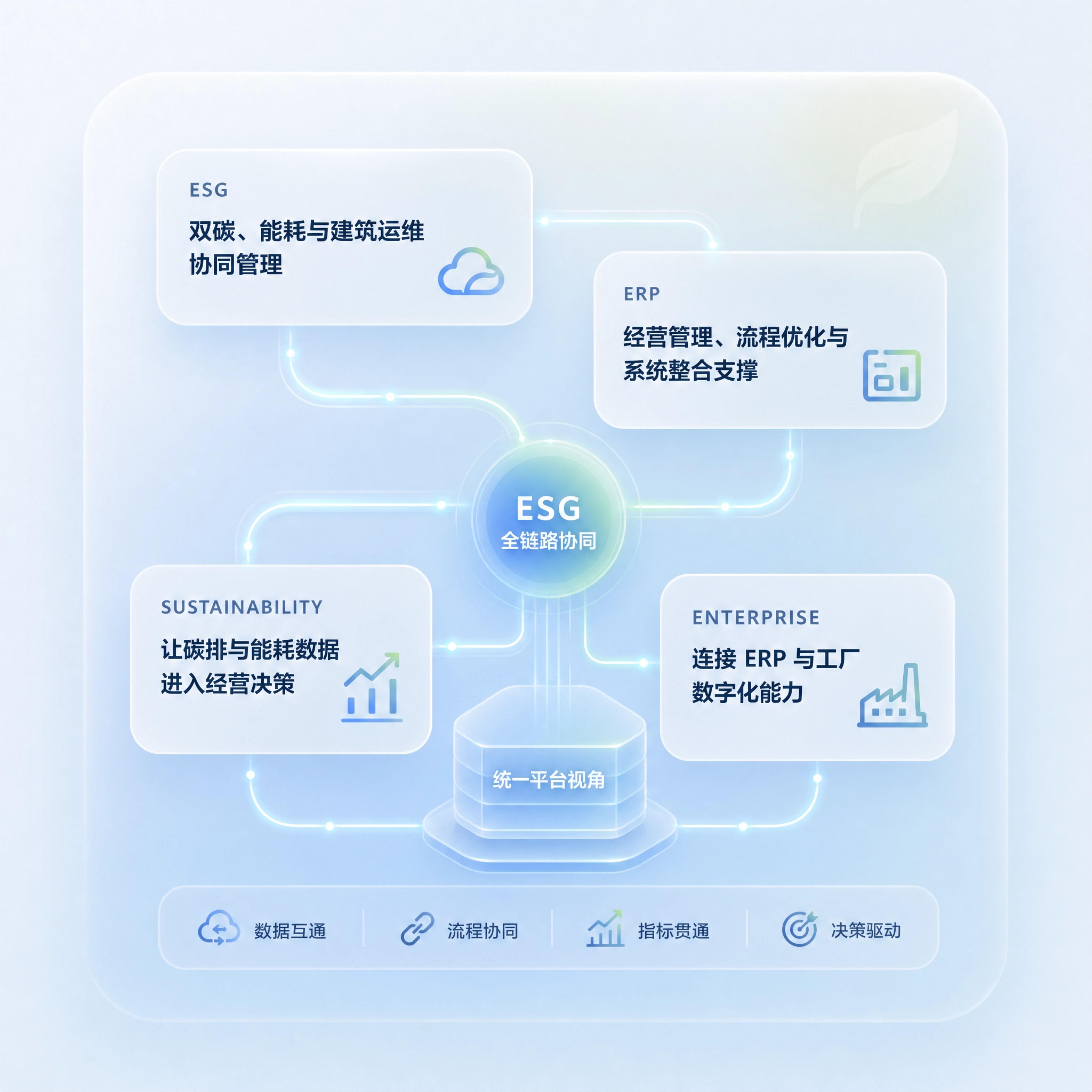 绿色与企业管理模块协同示意图，展示 ESG、ERP、可持续发展与企业经营在统一平台视角下的全链路协同
